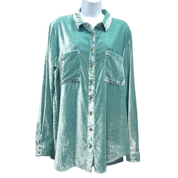 Pilcro Anthropolgie Crushed Velvet Mint Seafoam Button Down Shirt Womens Size 14 - Picture 1 of 10